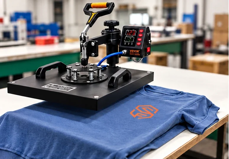 Prensa de calor a aplicar um transfer DTF com o logótipo SERIFIL numa t-shirt azul